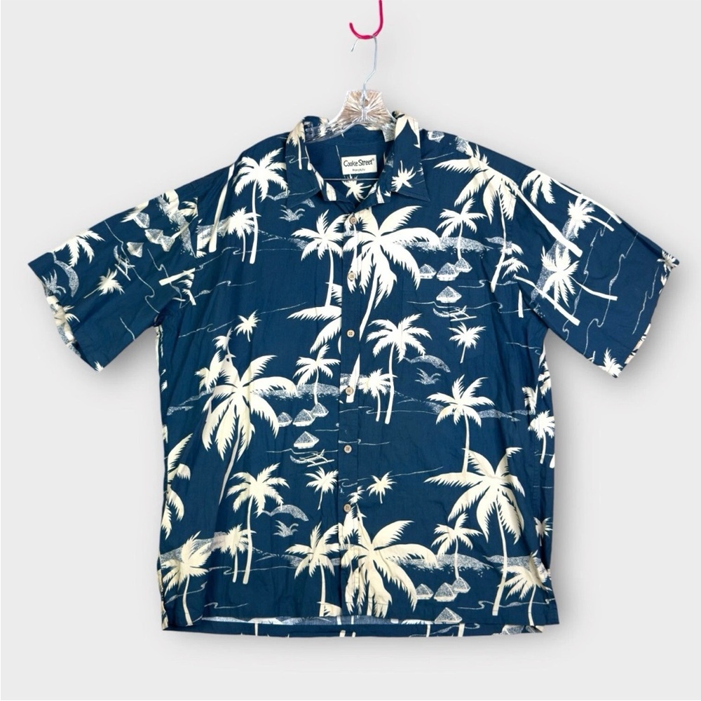 Cooke Street Honolulu Hawaiian Shirt Men's 2XL Blue White Coconut Tree Island